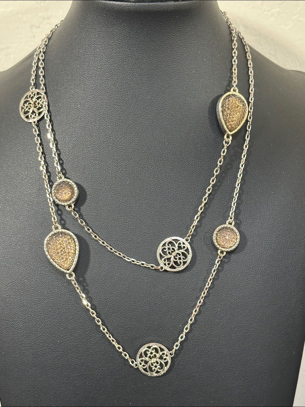 Ann Taylor Long Station Necklace Filigree & Pavé Druzy Teardrop Necklace